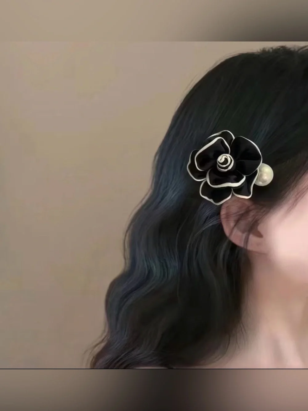 Camellia White -Trim Ivory Satin  Flower Hair Clip With Faux Pearl Embellishment